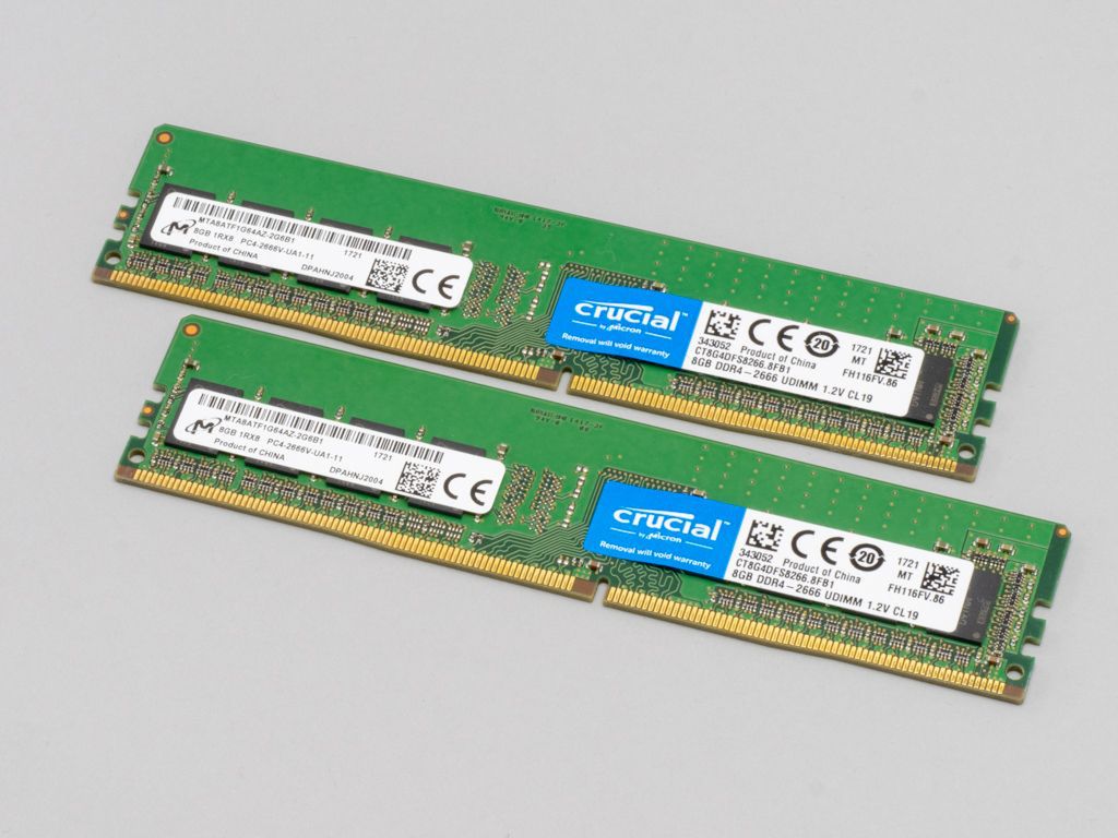 Crucial「W4U2666CM-8G」（Micron型番「CT2K8G4DFS8266」、DDR4-2666 8GB×2）。実売価格 1万7000円前後