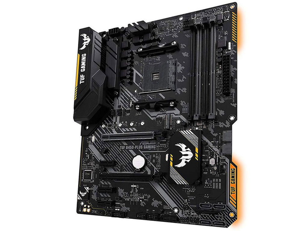 AMD B450チップセットを採用するASUS「TUF B450-PLUS GAMING」。高耐久仕様のゲーミング向けマザーボードだ