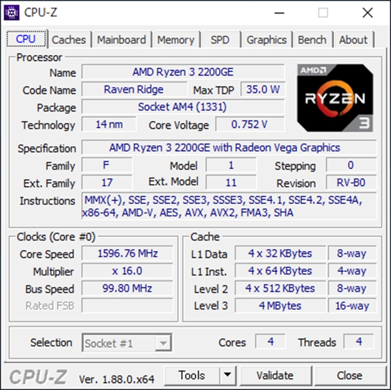 CPU-Z（Ryzen 3 2200GE）