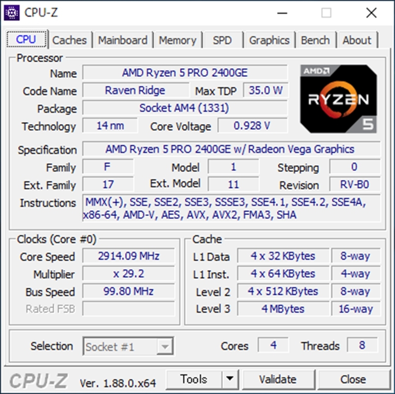 CPU-Z（Ryzen 5 PRO 2400GE）